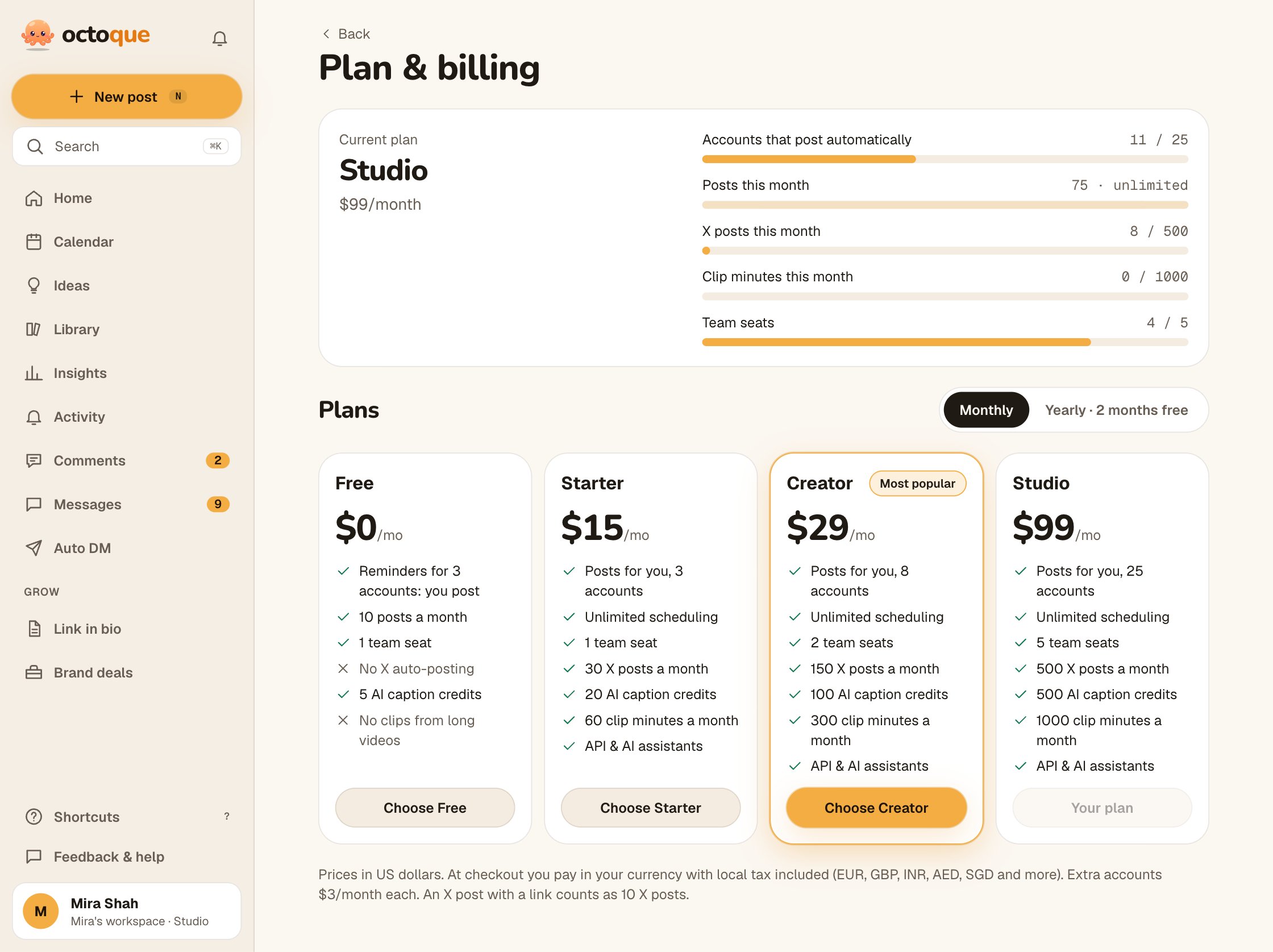 Plan & billing in Octoque: the current plan with meters for accounts, posts, X posts and team seats, and the four plans side by side.