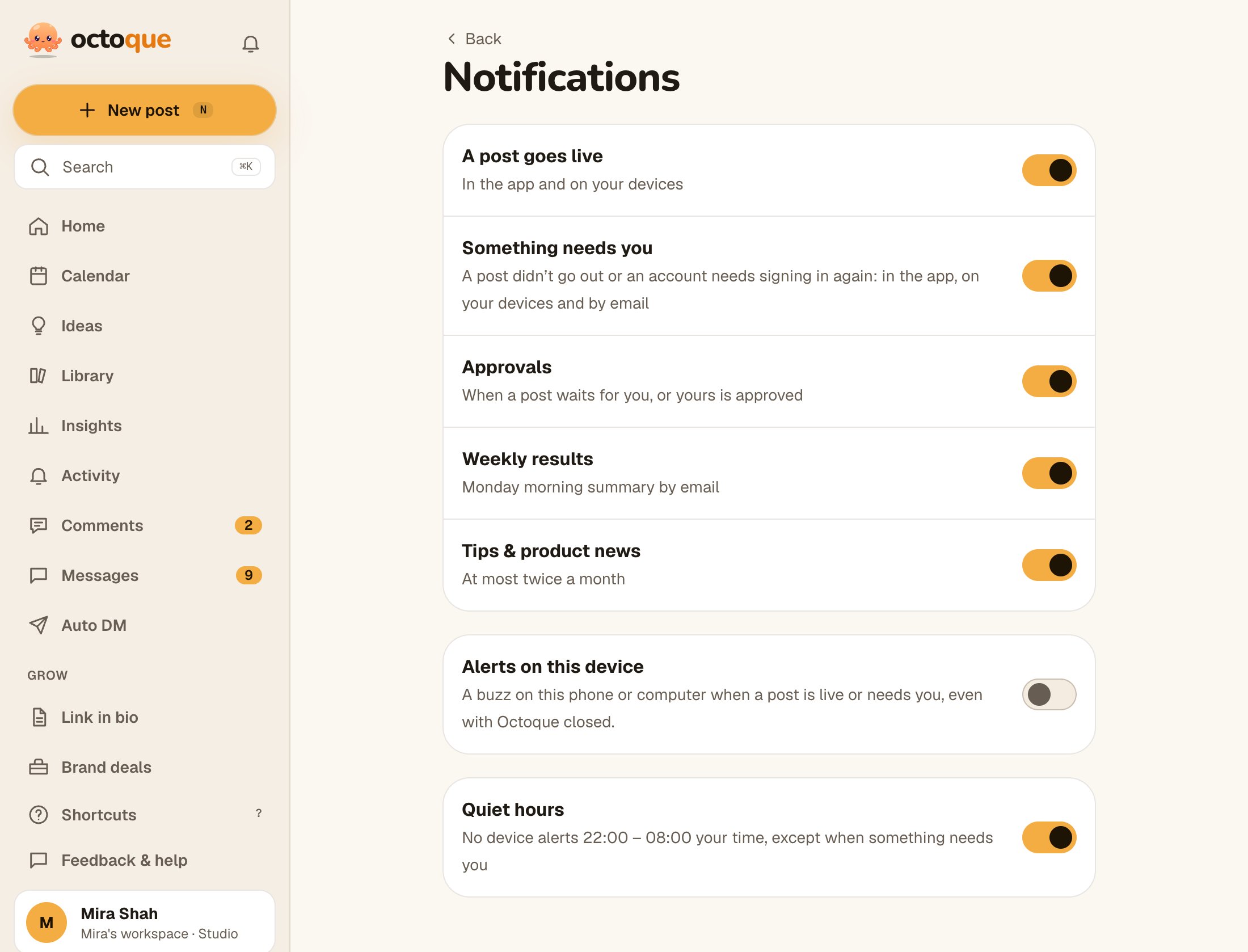 Notifications in Octoque: switches for posts going live, things that need you, approvals, weekly results and tips, plus quiet hours.