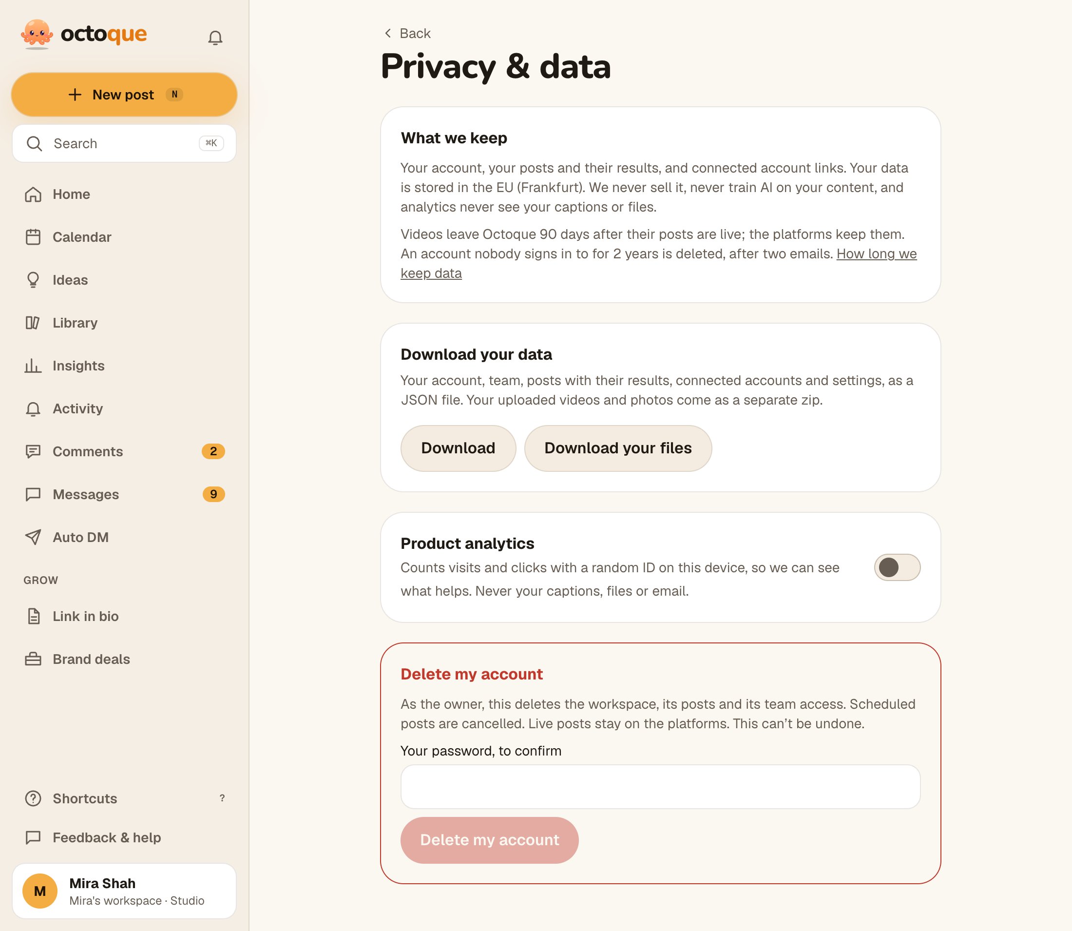 Privacy & data in Octoque: what we keep, Download and Download your files, the product analytics switch and Delete my account.
