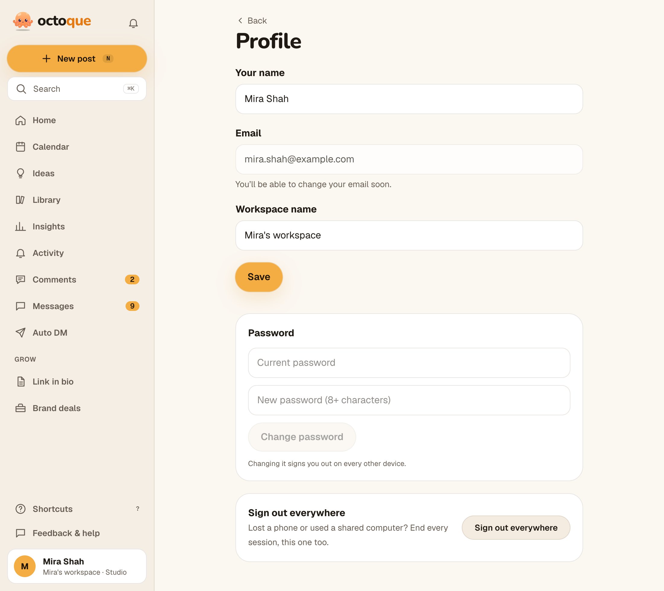 Profile in Octoque: your name, email and workspace name, with a link to Sign-in & security.