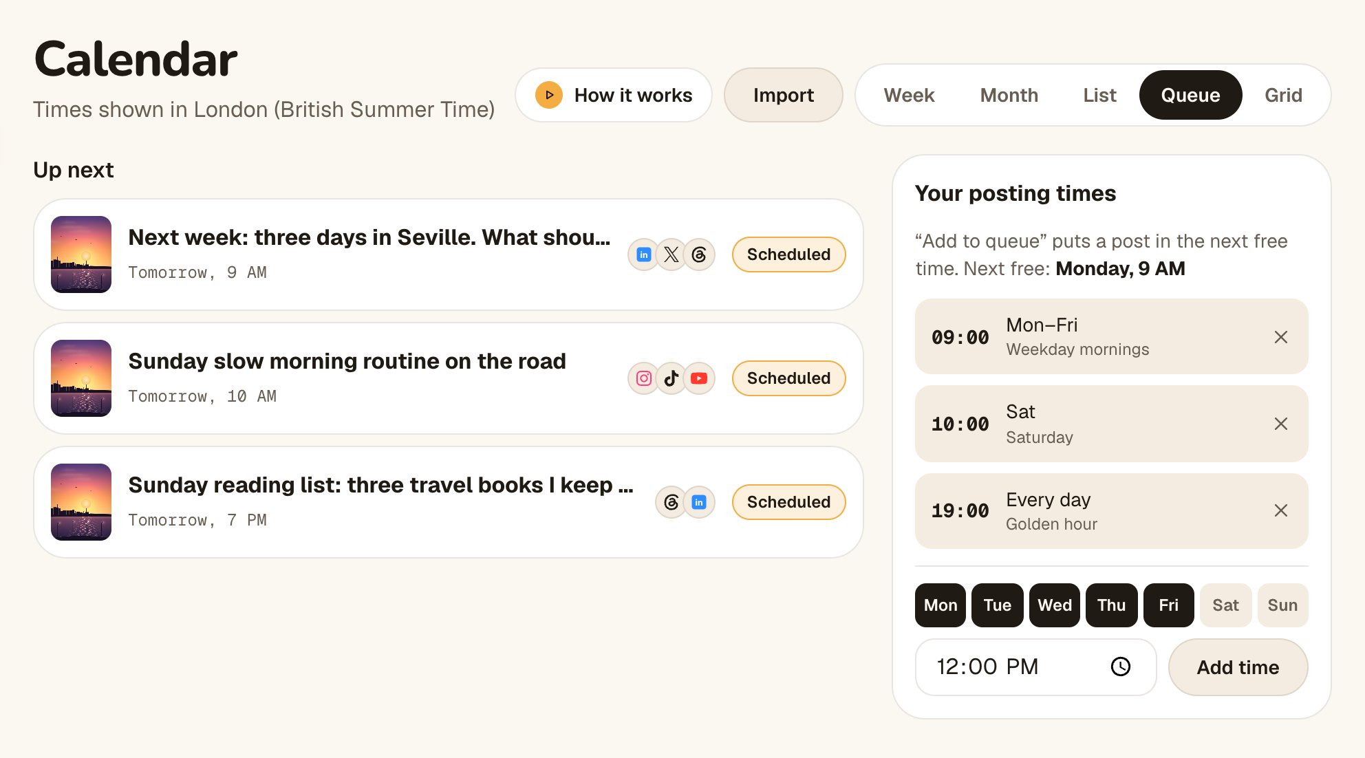 Calendar in Queue view: Up next on the left, and Your posting times with weekday, Saturday and every-day slots, day buttons and Add time.