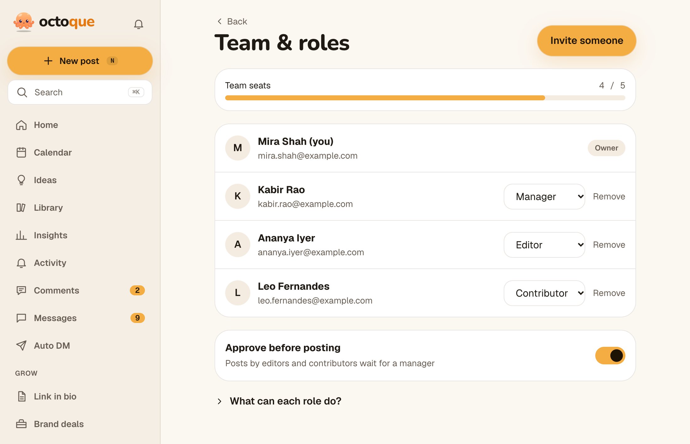 Team & roles in Octoque: team seats used, the members with their roles, the Approve before posting switch and Invite someone.