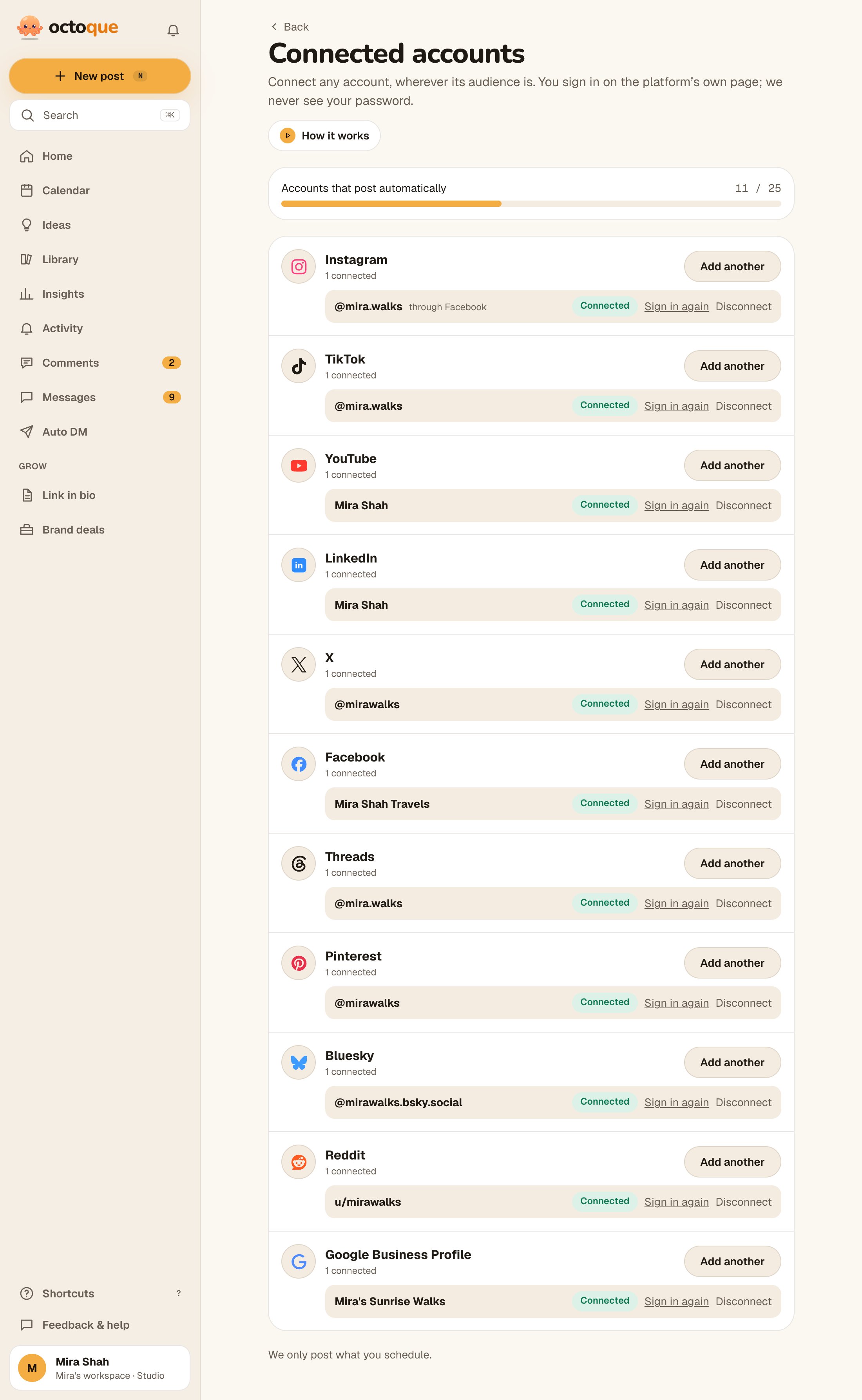 Connected accounts in Octoque: each platform with its connected handles, a Connected label, and Connect or Add another buttons.
