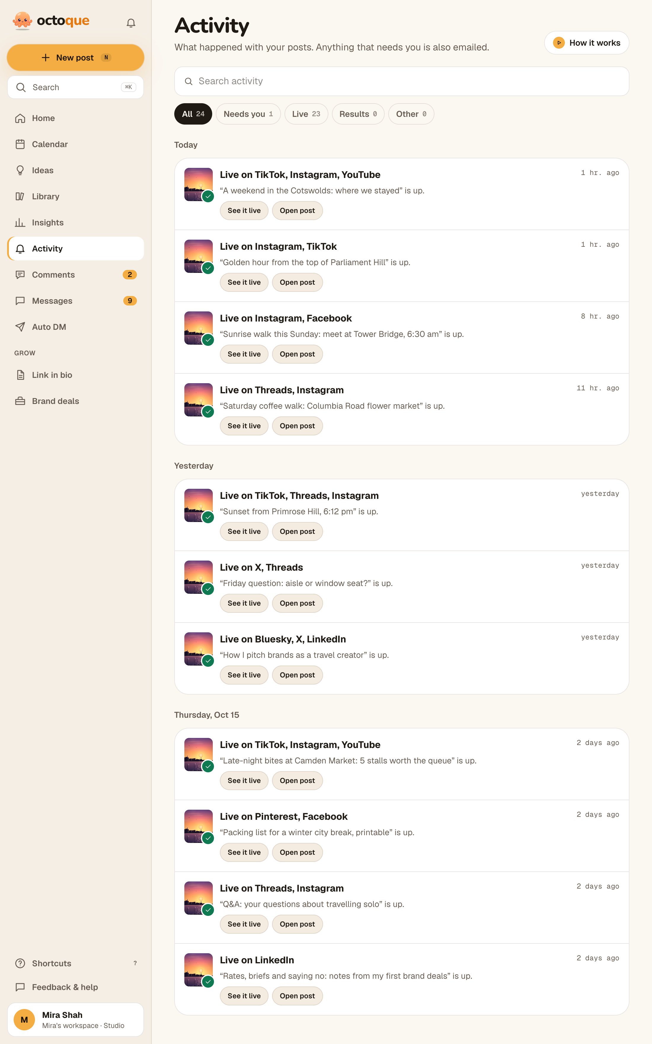 Octoque activity list showing posts live on YouTube, Instagram, X, LinkedIn and TikTok, and one TikTok failure with a fix