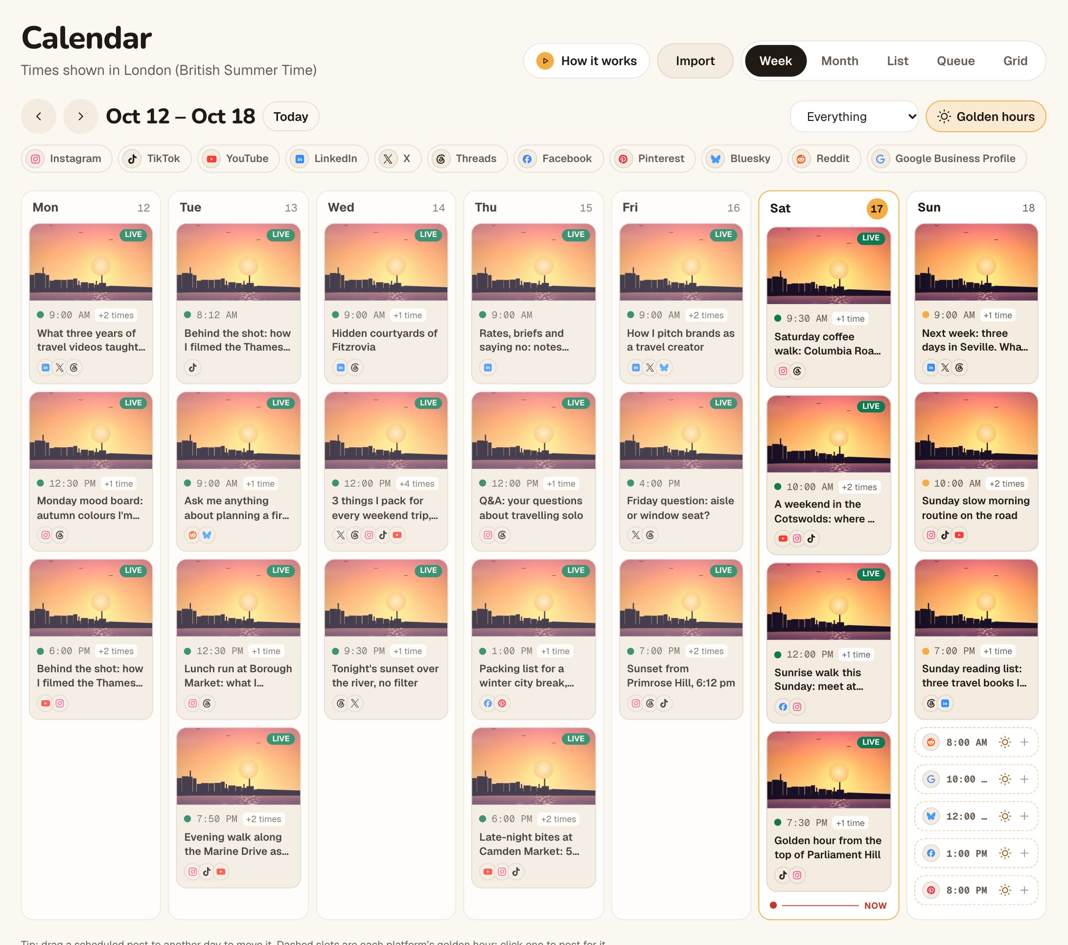 Octoque’s week calendar with posts on Tuesday, one of them going out to Instagram, TikTok and YouTube between 7:50 pm and 9:50 pm