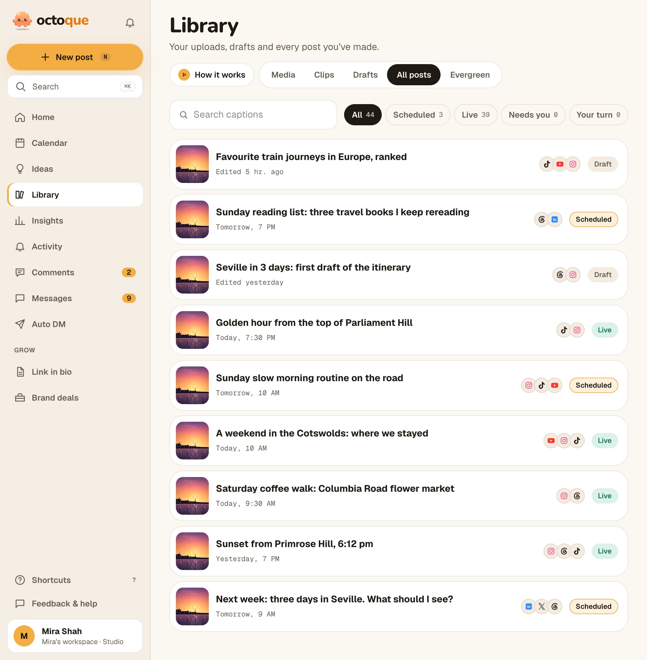 Octoque Library: the Drafts, All posts and Media tabs, a search box and a list of posts with their platforms and status.