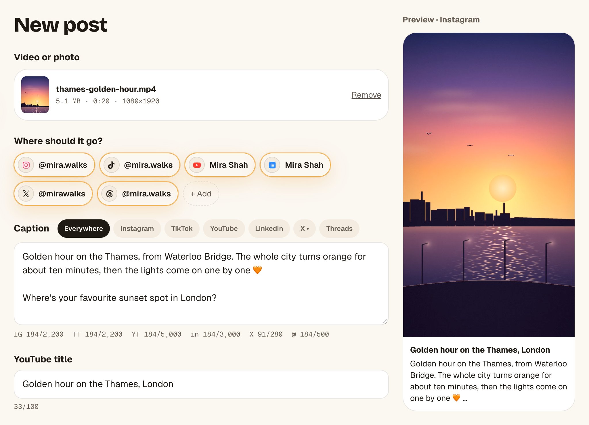 Octoque’s New post screen: an uploaded video, six accounts picked, caption tabs for Everywhere, Instagram, TikTok, YouTube, LinkedIn, X and Threads, a counter for each, and a preview