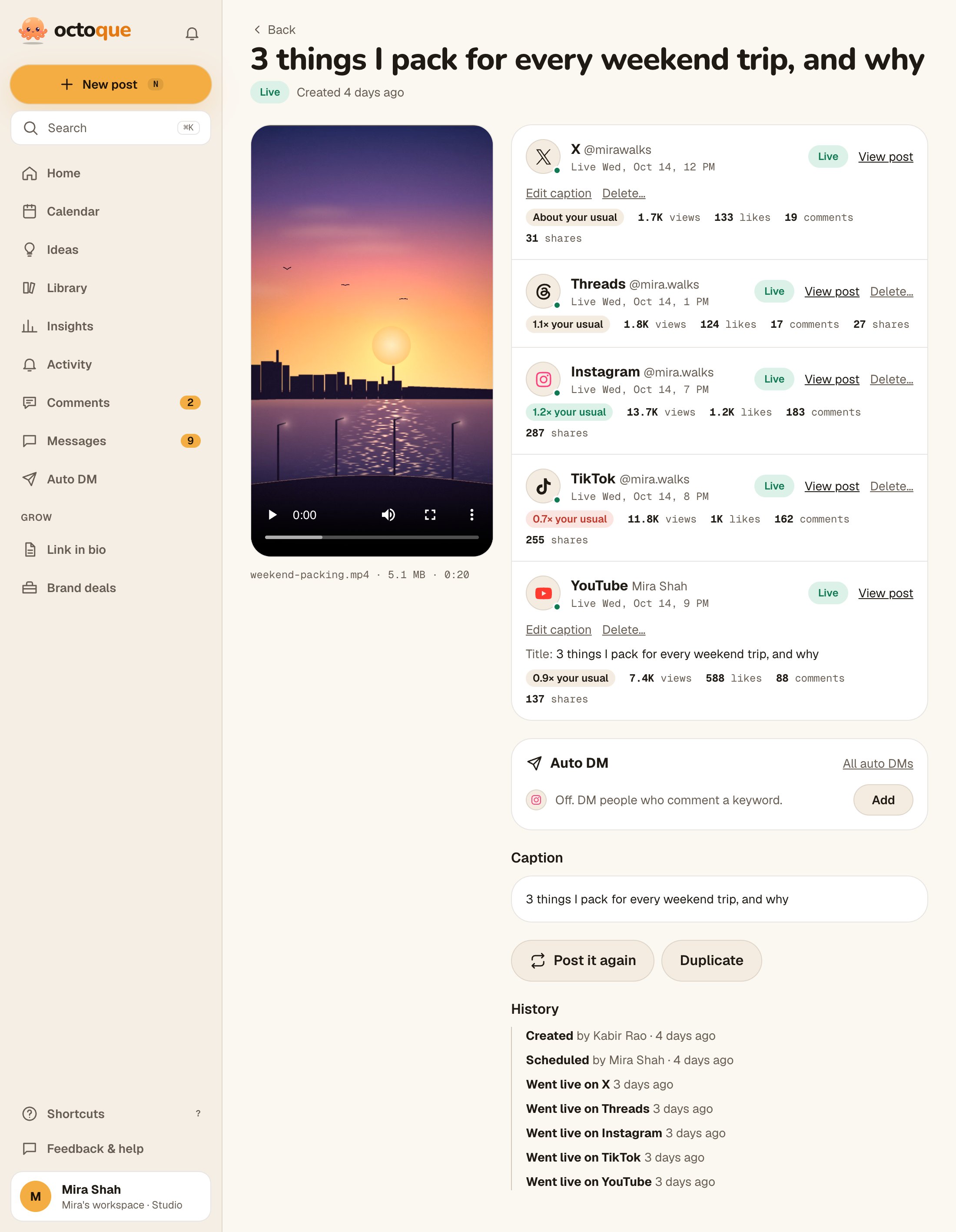 An Octoque post page showing the video, the caption, the platform and time it is scheduled for, and a history of who created and scheduled it