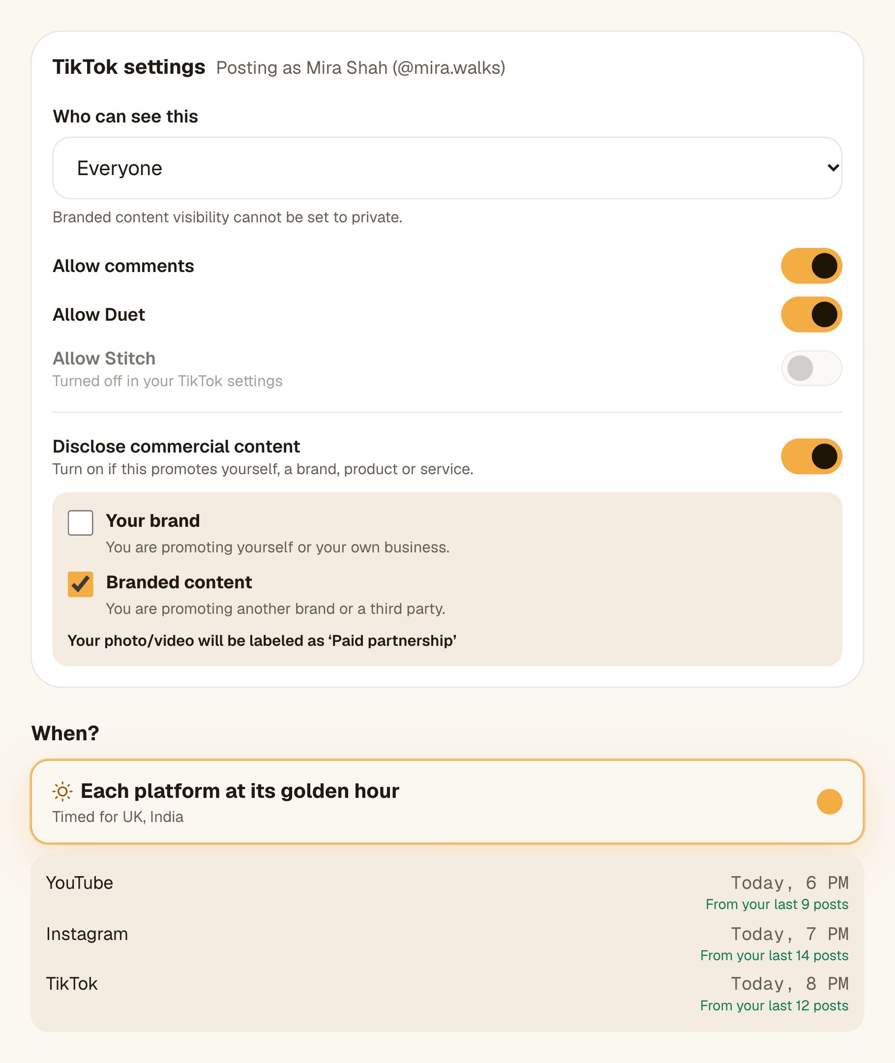 TikTok settings in Octoque: who can see this, comment, Duet and Stitch switches, and commercial content disclosure set to Branded content