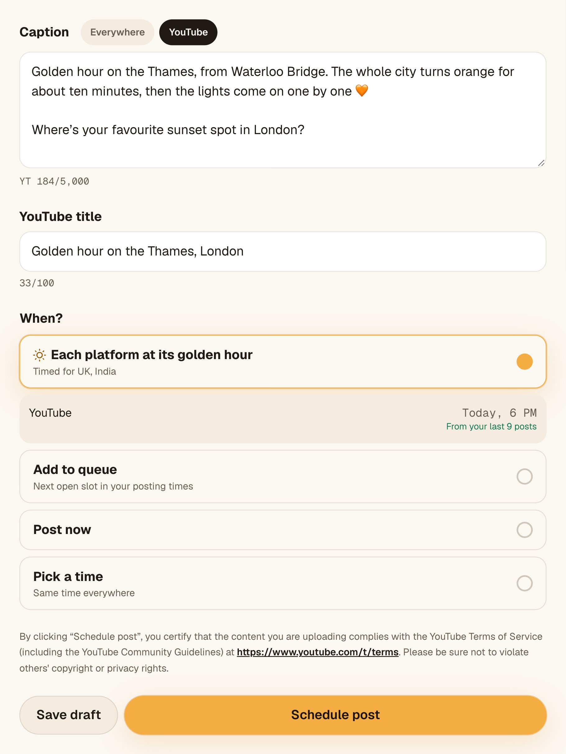 Octoque’s YouTube title field and YouTube’s upload certification above the Schedule post button